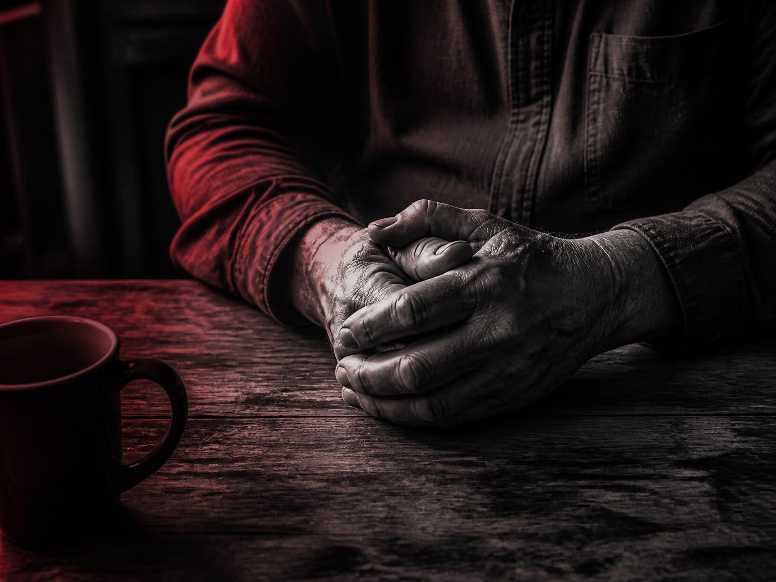 A person's hands resting quietly on a kitchen table